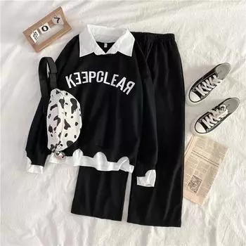 Harajuku женский спортивный костюм, толстовка и широкие брюки, комплект из двух предметов, брюки с длинными рукавами, женский повседневный костюм