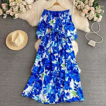 Характер плеча Талия Талия Показать Тонкое платье трапециевидной формы с принтом Элегантная темпераментная длинная юбка Морская праздничная пляжная юбка S чёрный