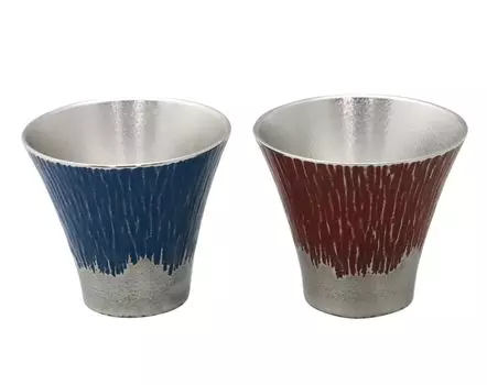 Характеристики подарочной упаковки для пары жестяных стаканчиков Fuji красного и синего цвета Osaka Tinware Mt. серебряный