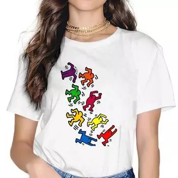 Haring Geometric Graffiti Essential T Shirt Goth Женские футболки Летняя футболка Harajuku с круглым вырезом из полиэстера L белый