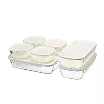 HARIO HKOZ-8002-OW Stackable Heat Resistant Glass Containers, Square, Set of 4, Full Capacity 8.5, 35.4, 67.6 fl oz (250, 900, 2,000 ml), Microwave Sa