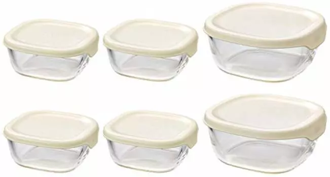 HARIO KST-2012-OW Heat Resistant Glass Storage Containers, Set of 6, Full Capacity 8.5/20.3 fl oz (250/600 ml), Off-White, Made in Japan