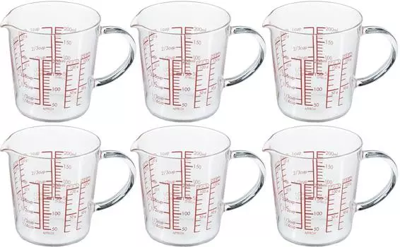 HARIO Сделано в Японии, термостойкий стеклянный мерный стакан, широкий, 200 мл MJCW-20-R-BK Набор из 6 шт.