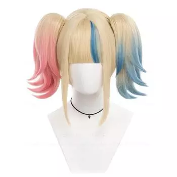 Harley Cosplay Wig Super Villain Doujin Halloween Pink Dyeing Gradient Ponytails Heat Resistant Synthetic Hair Wigs + Wig Cap One Size
