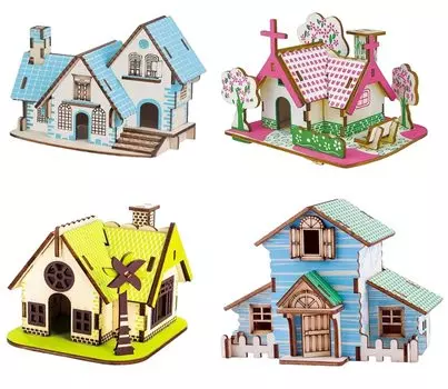 haruju 3D Puzzle Forest House 4 Piece Set Wooden Craft Toy Model 3D