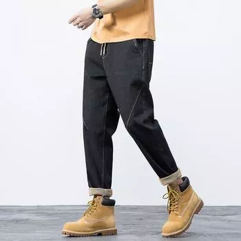 / Harun джинсы мужские свободные японские большого размера завязывающиеся эластичные утягивающие брюки маленькие прямые брюки модные L чёрный