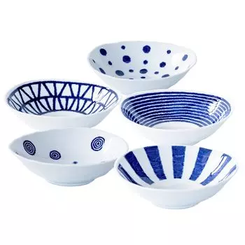 Hasami lightweight ceramic small set of diameter blue bead microwave dishwasher made in Japan 19865 ware, bowl, plate, 5, approx. 16cm, pattern, safe,