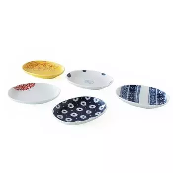 Hasami ware small plate oval small plate with different set of 5 W 10cm x D 8cm x H / pictures, patterns, approx. 1.7cm