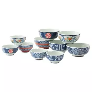 Hasami ware tableware parent and child dyed nishiki microwave dishwasher blue 31053 set, plum-shaped bowls, pattern, safe, safe,