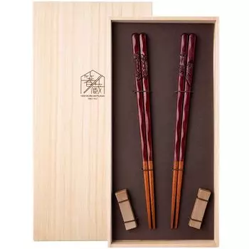 Hashikura Matsukan Chopsticks Couple Chopsticks Natural Wood Pair Set Unisex Chopstick Rest Included Crane and Turtle Carving Painting Red Bean Purple