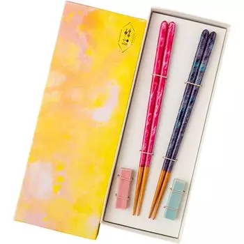 Hashikura Matsukan Dishwasher Safe Couple Chopsticks Natural Wood Pair Set Chopstick Rest Included Crystal Painted Wisteria Dream Cherry Blue Pink