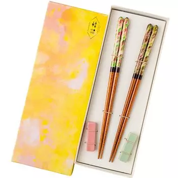 Hashikura Matsukan Dishwasher Safe Couple Chopsticks Natural Wood Pair Set Chopstick Rest Included Crystal Sunbeams Green Pink Made in Japan 22.5cm