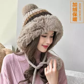 Hat autumn and winter big head circumference fluffy cute three hair ball thickened warm colored pineapple flower knitted hat M56-58cm чёрный