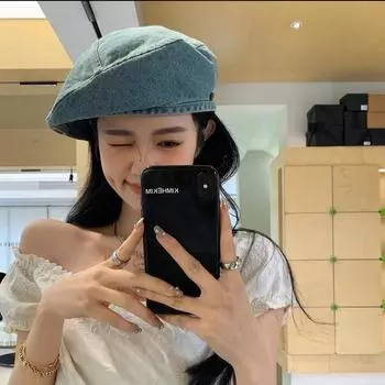 Hat female 2024 new big head circumference showing face small cowboy beret female summer round face retro octagonal hat M56-58cm светло-синий