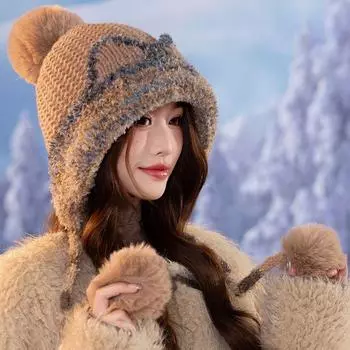 Шапка женская осенне-зимняя защита ушей шерстяная шапка велосипедная холодная шапка для мам плюшевая толстая защитная шапка для ушей чёрный