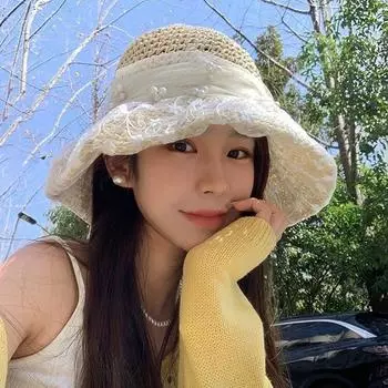 Hat Female Korean Pearl Flower Lace Bow Straw Hat Beach Sunscreen Hat Seaside Travel Straw Sun Hat M (56-58cm) Pearl White Lace бежевый