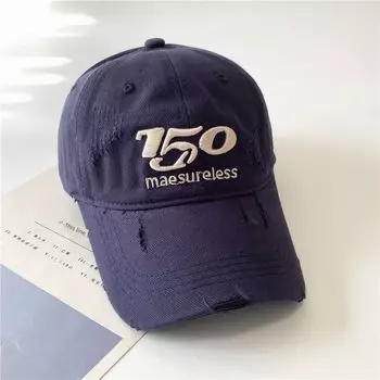 Hat Female New Arrival 150 Letters Embroidered Peaked Cap Retro Fashion Holes Baseball Cap Male Spring and Summer Sun Hat Navy blue Adjustable
