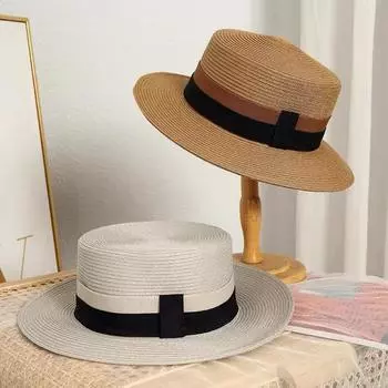Hat Female Sky Flat Hat Flat Edge Straw Hat Celebrity Vintage British Shade Sun Hat Holiday Seaside M56-58cm хаки