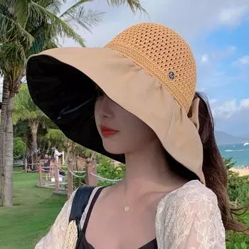 Hat Female Summer Fashion M Standard Horse Tail Vinyl Air Top Bucket Hat Face Cover Sun Hat Big Brim Sun-Proof Sun Hat Khaki Free size [adjustable cap size]