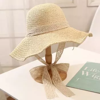 Hat female tide woven straw hat lace small fresh foldable sun hat sun protection shade travel beach summer M56-58cm хаки