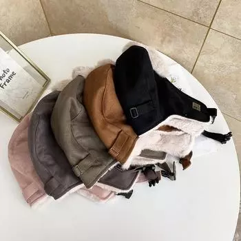 Hat Female Winter Couple Vintage Suede Flying Hat Tide Versatile Fleece Ear Hat Winter M56-58cm чёрный