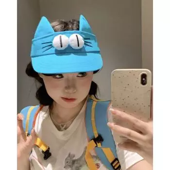 Hat Girls 2025 New Arrival Summer Cute Big Eyes Cute Cat Air Top Sunhat Sun Protection Big Eyes Peaked Cap Lake Blue