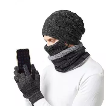 Hat touch screen non-slip gloves hat scarf mask four-piece set men and women autumn and winter warm knitted hat tide чёрный
