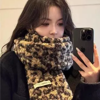 Hat Women Autumn and Winter 2024 New Double-sided Can Wear Leopard Print Brim Hat Fleece-lined Thick Warm Windproof Fisherman Hat Khaki scarf All yards
