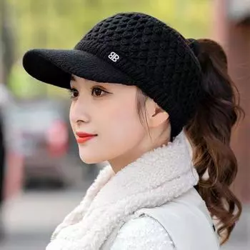 Hat Women s 2024 New Autumn/Winter K-style All-Matching Fleece-Lined Thickened Woolen Cap Cold-Proof Knitted Hat Peaked Cap Black [Empty Top Fleece-lined]] M