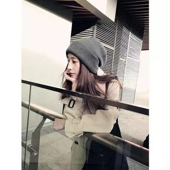 Hat women s autumn and winter simple solid color knitted hat trendy thickened warm versatile wool hat women s winter M56-58cm чёрный