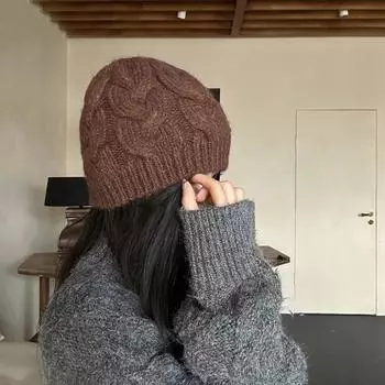 Hat Women s Autumn and Winter Thickened Warm Knitted Hat Versatile Twist Big Head Circumference Small Ear Protector Wool Hat Elastic (53-58cm) чёрный