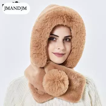 Hat women s autumn and winter warm scarf plush scarf integrated pullover hat ear protection windproof riding Lei Feng hat чёрный