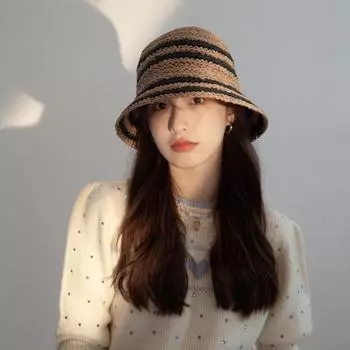 Hat Women s Casual Big Brim Striped Sun Hat Fashion Trendy Dome Resort Beach Hat Foldable Straw Hat M56-58cm хаки