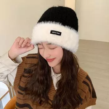 Hat Women s Fashion Letter Mark Knitted Wool Hat Winter Warm Big Head Circumference Plush Hat Thick