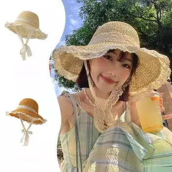 Hat Women s Spring and Summer New French Straw Hat Versatile Lace Sunscreen Hat Summer Seaside Beach Sun Hat