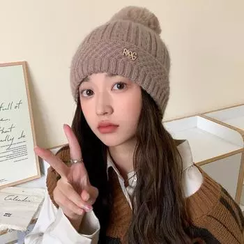 Hat Women S Winter Household Warm Knitted Wool Hat Alphabet Diamond Label Warm Ear Protector Pullover Hat