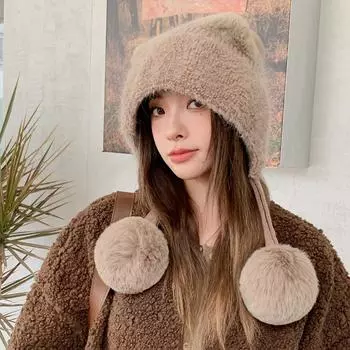Шапка женская зимняя вязаная универсальная бархатная утолщенная велосипедная женская зимняя езда защита ушей медведь теплая шерстяная шапка женская One Size