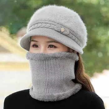 Hat Women Winter Mom Middle-Aged and Elderly Old Lady Autumn and Winter Fleece-lined Warm Fashion Western Style Wool Knitted Hat Gray Single-piece scarf