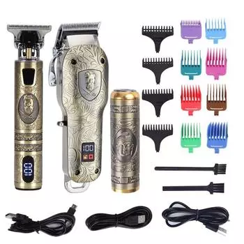 HATTEKER Профессиональные машинки для стрижки волос для мужчин, комплект из 3 предметов, машинка для волос, электрическая беспроводная парикмахерская, набор для ухода за волосами, Т-образное лезвие