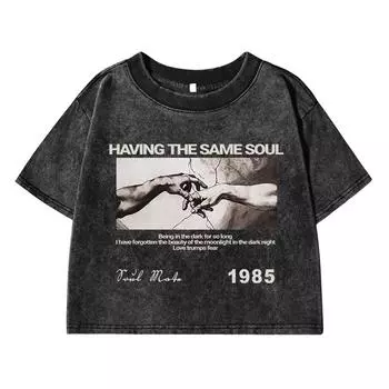 Having The Same Soul Printing Female Washed Short Tshirt Breathable T Shirt Casual Fashion Top Streetwear Tshirts Women M