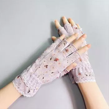 Haw Tree Weaving Floral Half Finger Sun Protection Gloves Women Thin Summer Driving Cycling Non-Slip Lace Breathable Short 23 Lace large floral half-finger purple One size