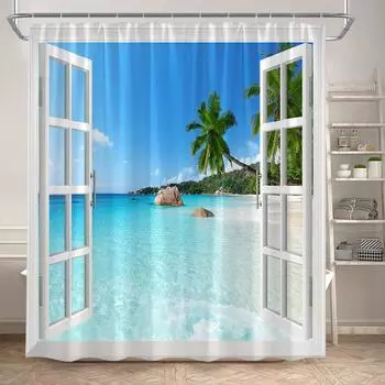 Hawaii Beach Shower Curtain Tropical Palm Leaves Blue Ocean Summer Holiday Nature Scenery Bathroom Curtains Polyester Home Decor 90x180cm-35x70in