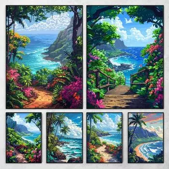 Hawaii Pixel Art Travel Landscape Poster Flower Island Sand Beach Sky Scenery Canvas Painting Room Home Wall Decor Mural 21cm30cm NoFrame