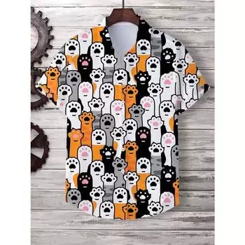 Hawaii Shirt Cute Cartoon Cat 3D Printed Tops Casual Women Short Sleeves Shirts Button Lapel Oversized Unisex Clothing S