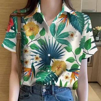 Hawaiian Beach Trip Wear Women s Shirt Rainforest Plant Print Short-sleeved Shirt Stylish, Casual and Versatile Women s Top S