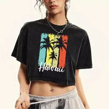 Hawaiian Coconut Tree Prints Washed T Shirts Women Retro Cotton T-Shirt Crewneck Tee Tops Short Sleeve Womans M