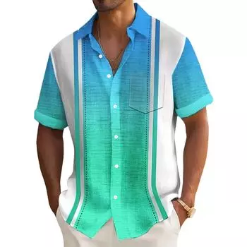 Hawaiian gradient striped printed men s button pocket short sleeved shirt M