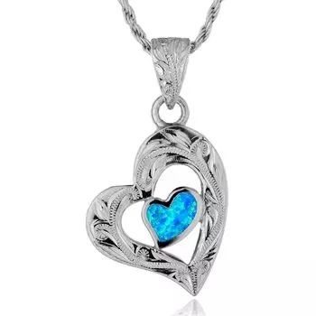 Hawaiian Jewelry Blue Opal Heart Silver Necklace Pendant for Silver 925 45cm rope [Leilani] Men, (с цепью) синий