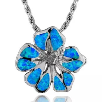 Hawaiian Jewelry Blue Opal Hibiscus Necklace Pendant Silver 925 45cm Rope [Leilani] (with Chain)