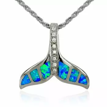 Hawaiian Jewelry Blue Opal Whale Tail Pendant Necklace for Men and Women 925 Silver Chain 45cm [Leilani] (Rope Included)